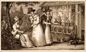 Três senhoras de jardinagem pelo galpão Potting c.1820s de English School